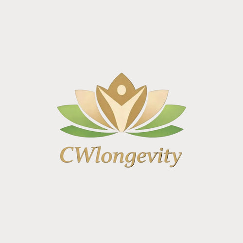 Logo of CWlongevity with a stylized flower design on a beige background